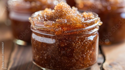 Close up of Cumberland fruit jam topped with brown sugar