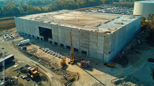 Construction progress of a tilt-up concrete warehouse, highlighting the placement of walls, supports, and girders, suited for project documentation