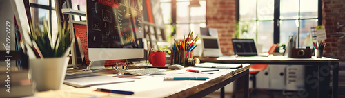 Design Agency Studio Floor: Displaying drafting tables, mood boards, design portfolios, and creatives working on design projects photo