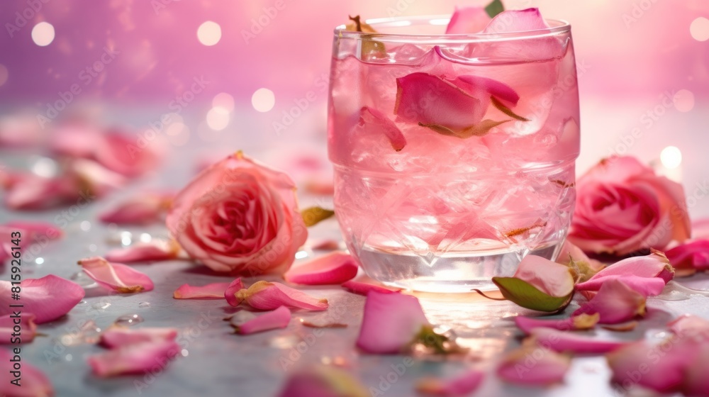 The glass is filled with ice and decorated with pink rose petals. The glass is placed on a shiny surface, with a soft light background
