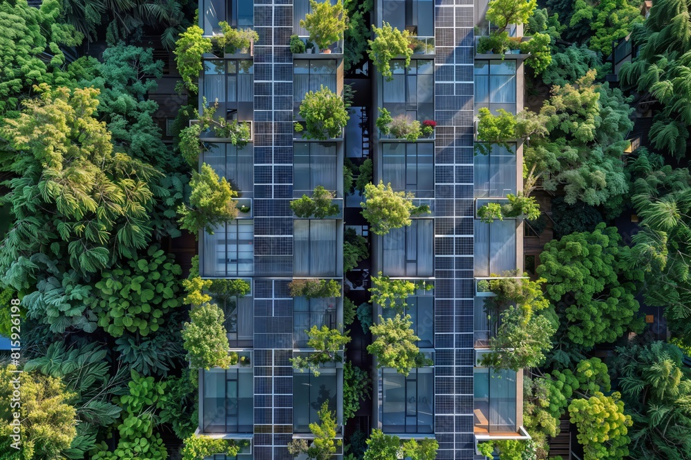 Lush greenery surrounds a modern eco-friendly apartment complex featuring solar panels and vertical gardens, showcasing the harmonious integration of sustainable living and urban architecture. Lush greenery surrounds a modern eco-friendly apartment complex featuring solar panels and vertical gardens, showcasing the harmonious integration of sustainable living and urban architecture.