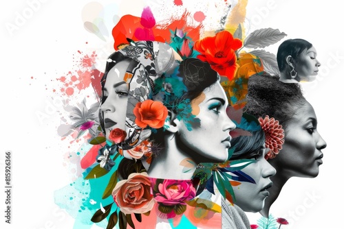 A vibrant collage of powerful illustrations depicting women from diverse backgrounds, taking bold steps to break free from societal norms and embrace their unique identities. photo