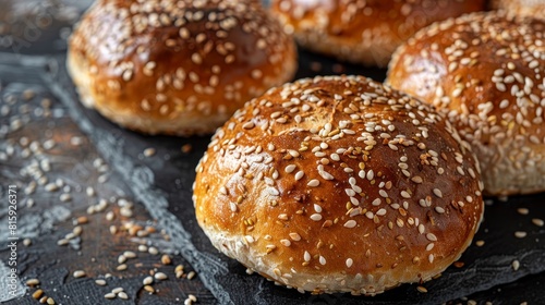 Top view of nutritious whole wheat burger buns, seeds and grains adding texture, perfect for healthy eating ads, isolated background
