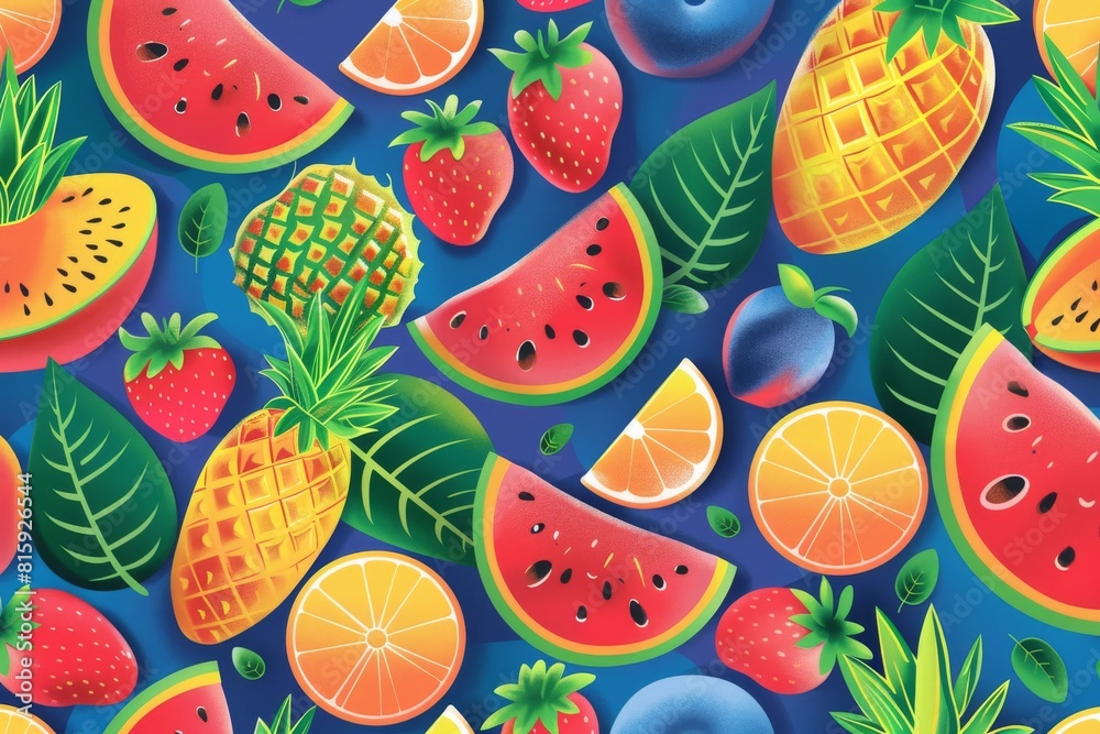 An enticing illustration featuring a vibrant assortment of watermelon, pineapple, and strawberries, arranged in an irresistible display. An enticing illustration featuring a vibrant assortment of watermelon, pineapple, and strawberries, arranged in an irresistible display.