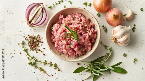 Top view of fresh ground pork arranged in a bowl, surrounded by garlic, onion, and herbs, showcasing its use for flavorful pork burgers, isolated background