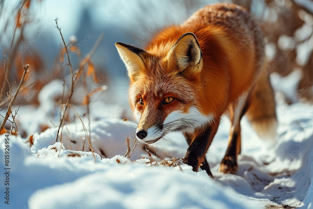 Obraz premium fluffy red fox in the snowy field on a sunny winter day
