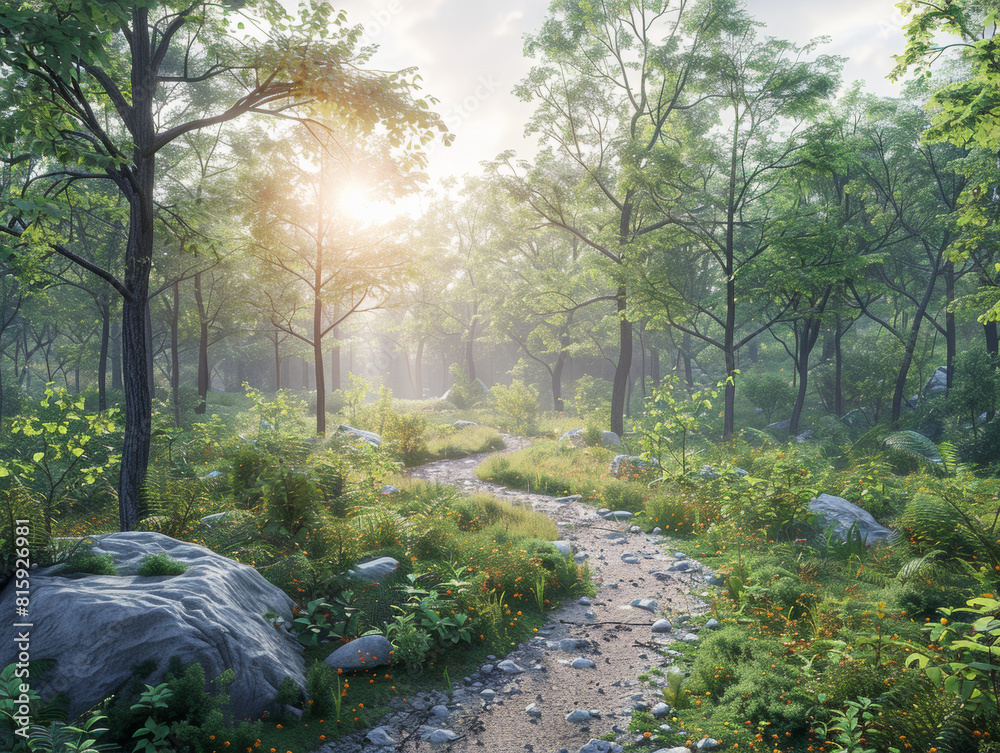 Fototapeta premium morning in the park, 3d render illustration, landscape
