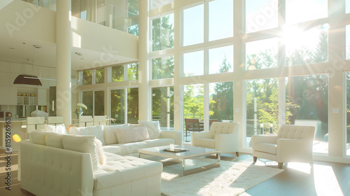 Interior of spacious luxurious living room with comfortable sofa and chairs next to bright windows at contemporary home : Generative AI © Generative AI