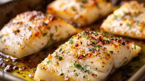 Freshly baked cod fillet topped with garlic butter sauce on a baking tray straight out of the oven photo
