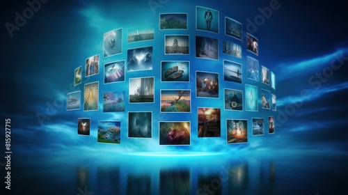 a collection of digital photos floating in the air against a blue sky background. Each photo features a variety of scenes, including landscapes, seascapes and other natural elements.