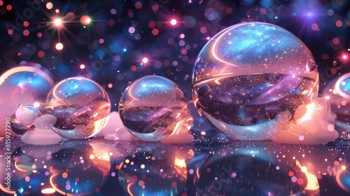 3d Iridescent Sphere Ensemble on Cosmic Navy Background with Fine Grain © DarkinStudio