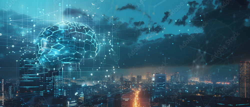 AI-Powered Future World, Image of a future city using artificial intelligence to control various systems, showing the impact of artificial intelligence on the way of life AI-Powered Future World, Image of a future city using artificial intelligence to control various systems, showing the impact of artificial intelligence on the way of life