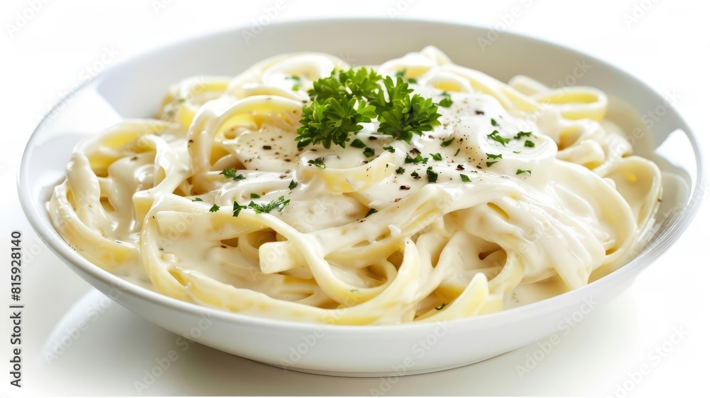 classic fettuccine alfredo pasta dish with creamy sauce and parsley garnish isolated on white food photography classic fettuccine alfredo pasta dish with creamy sauce and parsley garnish isolated on white food photography