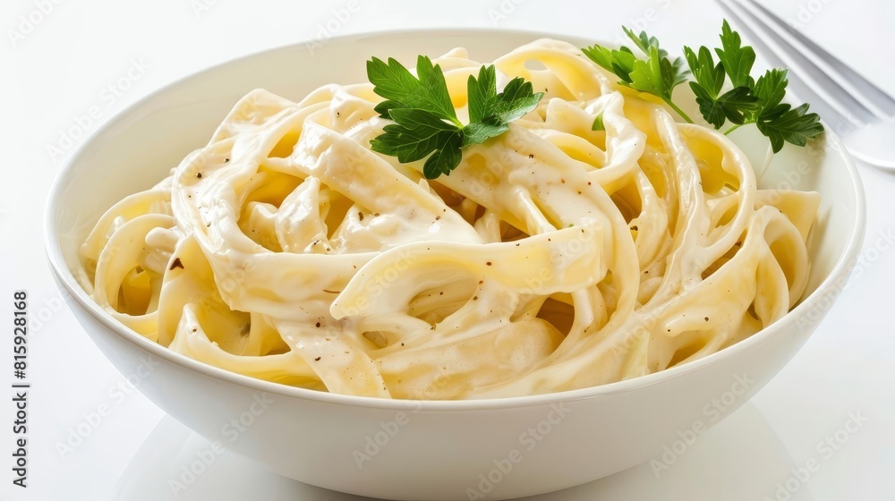 classic fettuccine alfredo pasta dish with creamy sauce and parsley garnish isolated on white food photography classic fettuccine alfredo pasta dish with creamy sauce and parsley garnish isolated on white food photography