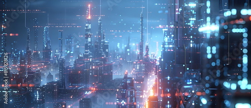 AI-Powered Future World, Image of a future city using artificial intelligence to control various systems, showing the impact of artificial intelligence on the way of life