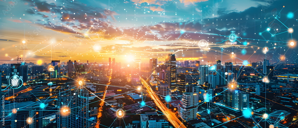 Obraz premium AI-Powered Future World, Image of a future city using artificial intelligence to control various systems, showing the impact of artificial intelligence on the way of life