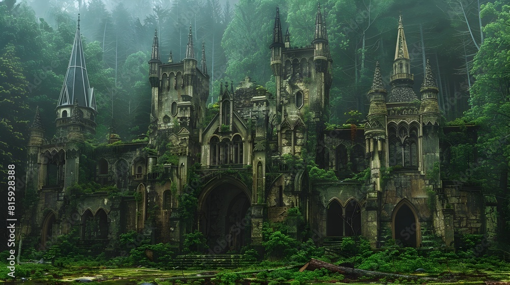 Enchanted Medieval Castle Ruins Shrouded in Lush Overgrown Forest Landscape Enchanted Medieval Castle Ruins Shrouded in Lush Overgrown Forest Landscape