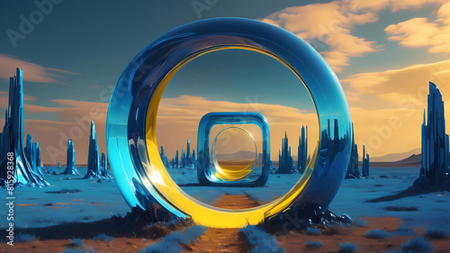 metallic and glassy surface, vivid tones of blue and yellow, surreal futuristic neatly object, heavenly and intense neon lights, a glass installation on the clearly open land  . A background symbolizi photo