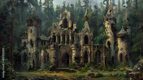 Majestic Deserted Medieval Castle Shrouded in Enchanted Old Growth Forest Landscape