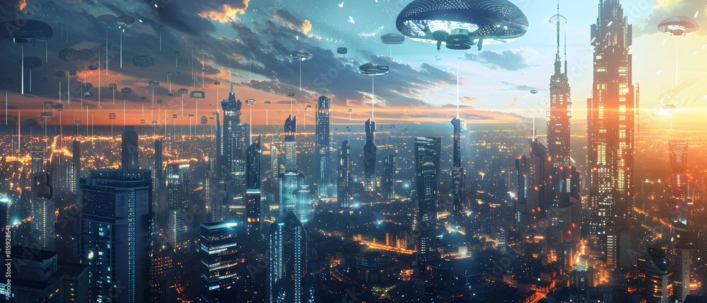 Fototapeta premium AI-Powered Future World, Image of a future city using artificial intelligence to control various systems, showing the impact of artificial intelligence on the way of life