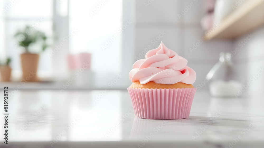 Close up of a light pink Cupcake on a white Marble Table. Blurred Kitchen Interior Background Close up of a light pink Cupcake on a white Marble Table. Blurred Kitchen Interior Background