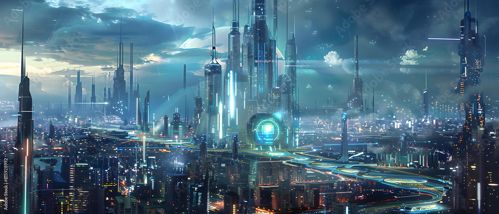 AI-Powered Future World, Image of a future city using artificial intelligence to control various systems, showing the impact of artificial intelligence on the way of life AI-Powered Future World, Image of a future city using artificial intelligence to control various systems, showing the impact of artificial intelligence on the way of life