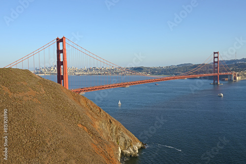 View of Golden Gate Bridge from Marin Headlands in early evening. San Francisco, California