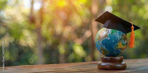 A globe with graduation cap on blurred background of school, education and global business concept for distance learning online camping or interPic by copy space . photo on wooden table photo