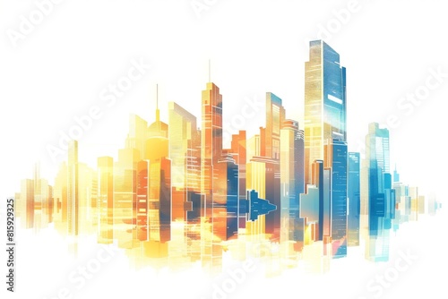 A stunning cityscape featuring sleek skyscrapers basking in the warm glow of the setting sun  set against a clear white background.