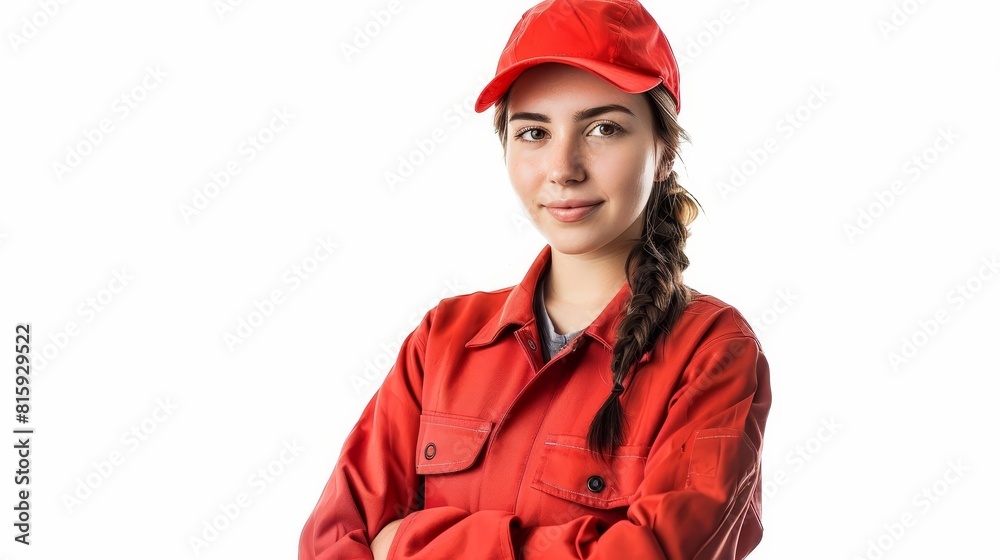 confident young female mechanic in professional uniform standing proudly isolated on white cut out image confident young female mechanic in professional uniform standing proudly isolated on white cut out image
