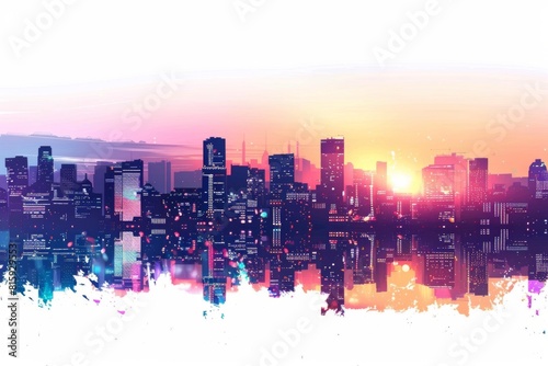 A panoramic view of a city skyline at sunset, with colorful lights illuminating the buildings. 