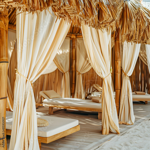 Beautiful lounge pavilion canopy for relax. Tent made of dry thatch straw. Luxury summer vacation in tropical paradise resort hotel.  photo