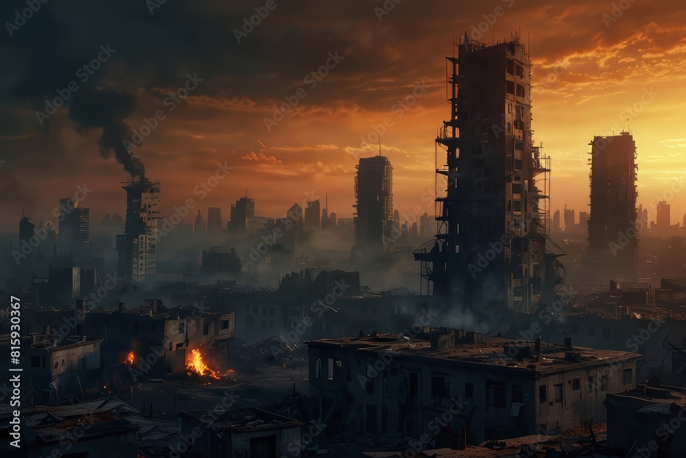 ruined city in red sunset