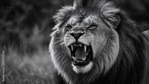 Raw Power  Monochrome Close-Up of a Lion s Head  Ready to Strike