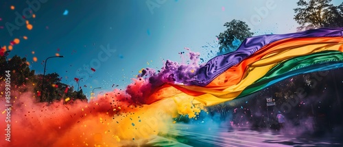 Rainbow flag flying in the wind on a city street, surrounded by colorful smoke and confetti. The flag is depicted in the style of a wide angle lens in daylight, conveying a concept of a gay pride cele