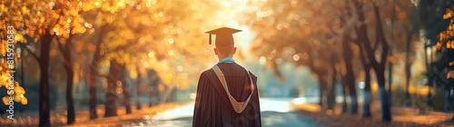 A man student wearing a graduation gown and cap stands on a road, with her back view, sunlight shining through trees, creating an atmosphere of celebration for her school. Grenade surfaces in a panora photo