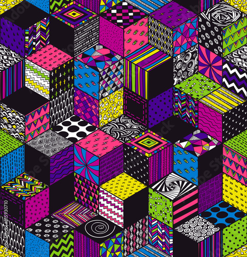 Bright seamless pattern with voluminous cubes and handmade patterns