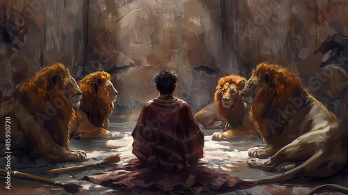 daniel in the lions den digital watercolor painting illustration