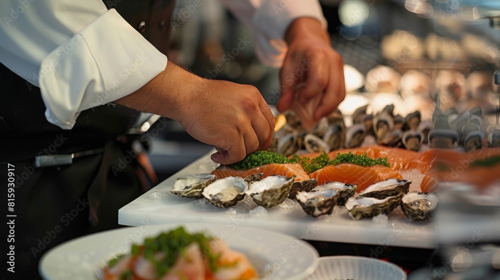Chef preparing a gourmet seafood platter featuring smoked salmon, oysters, and caviar, an indulgent culinary experience. Chef preparing a gourmet seafood platter featuring smoked salmon, oysters, and caviar, an indulgent culinary experience.