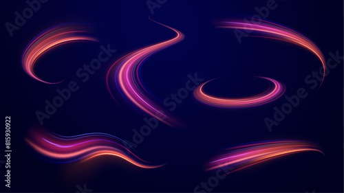 Purple glowing wave swirl, impulse cable lines. Racing cars dynamic flash effects city road with long exposure night ligh. 