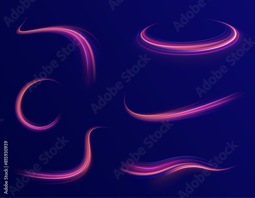 Light trail wave, fire path trace line, car lights, optic fiber and incandescence curve twirl. Neon color glowing lines background, high-speed light trails effect. 