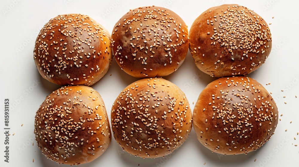 High-detail top view of whole wheat buns with added seeds, showcasing texture and nutrition, isolated background, ideal for advertising High-detail top view of whole wheat buns with added seeds, showcasing texture and nutrition, isolated background, ideal for advertising