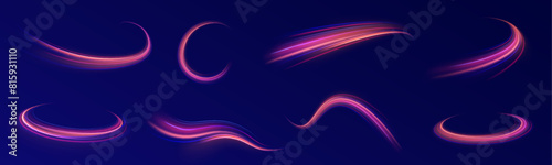 Lines in the shape of a comet against a dark background. Curved light trail stretched upward. Vector Illustration. Illustration of high speed concept.