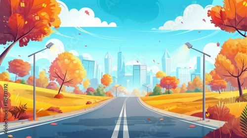 An autumn landscape with an empty highway  street lights  orange grass  trees  and modern buildings on a horizon. Modern cartoon illustration.