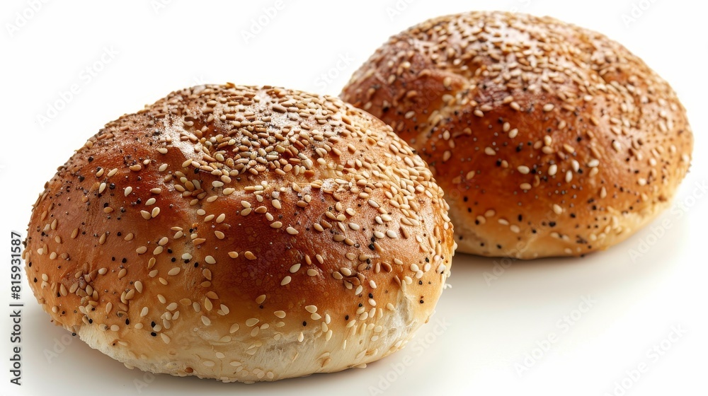 High-detail top view of traditional sesame seed buns, perfect for burgers, with a soft texture and slightly sweet flavor, isolated setting High-detail top view of traditional sesame seed buns, perfect for burgers, with a soft texture and slightly sweet flavor, isolated setting