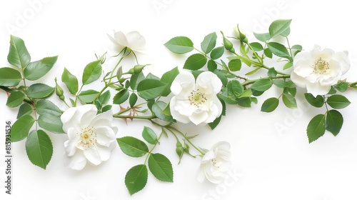delicate rose bush lush white flowers soft petals green foliage isolated on white floral photography