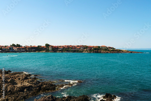 Spectacular view onto the peninsula of the old town of Sozopol, Sosopol, surrounded by the intense turquoise blue water of the black sea, Bulgaria
