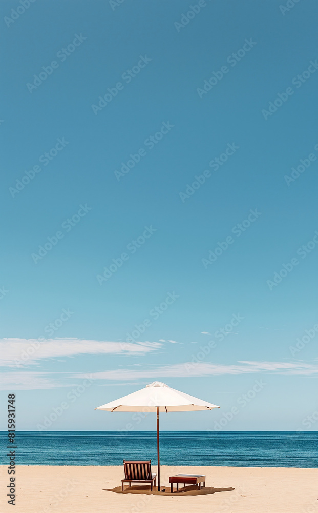 Minimalist summer scene with a solitary beach umbrella and lounge chair on golden sand, against a calm blue ocean and clear sky.
Minimalist summer scene with a solitary beach umbrella and lounge chair on golden sand, against a calm blue ocean and clear sky.