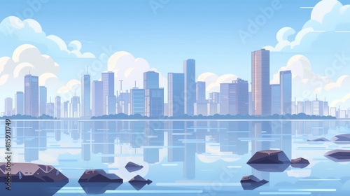 City skyline with lake landscape. Modern parallax background ready for 2D animation. Stones in a river or sea and towers in the sky. photo