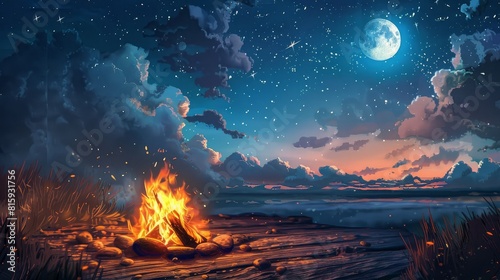 Nighttime Campfire: Create an image of campfire under a starry night sky, with the moon and clouds visible above. Use a wooden texture background to convey the outdoor camping ambiance. Generative AI